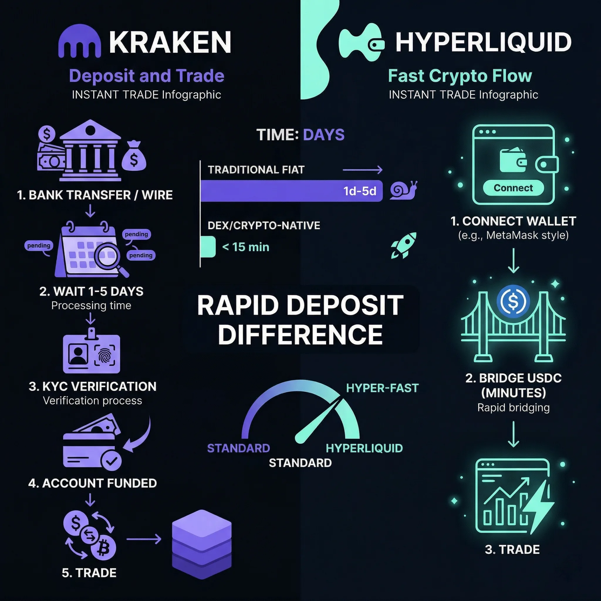 Deposit flow comparison - Kraken bank transfer vs Hyperliquid wallet connect