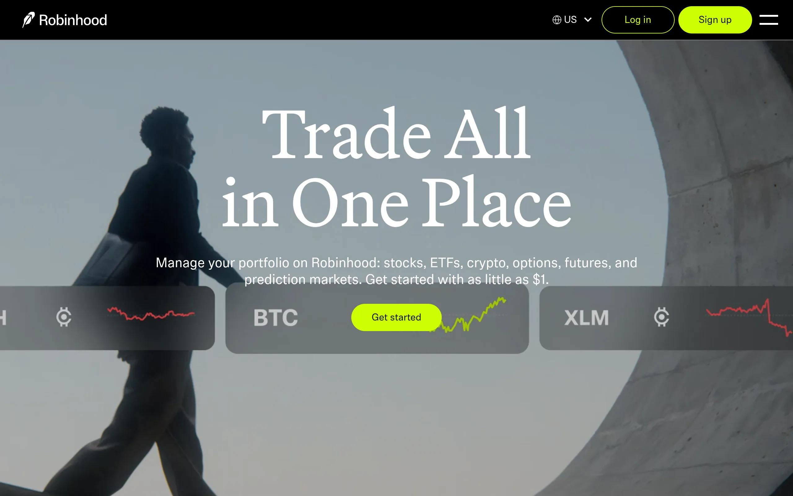 The Robinhood homepage advertising stocks, ETFs, crypto, options, futures and prediction markets in one app