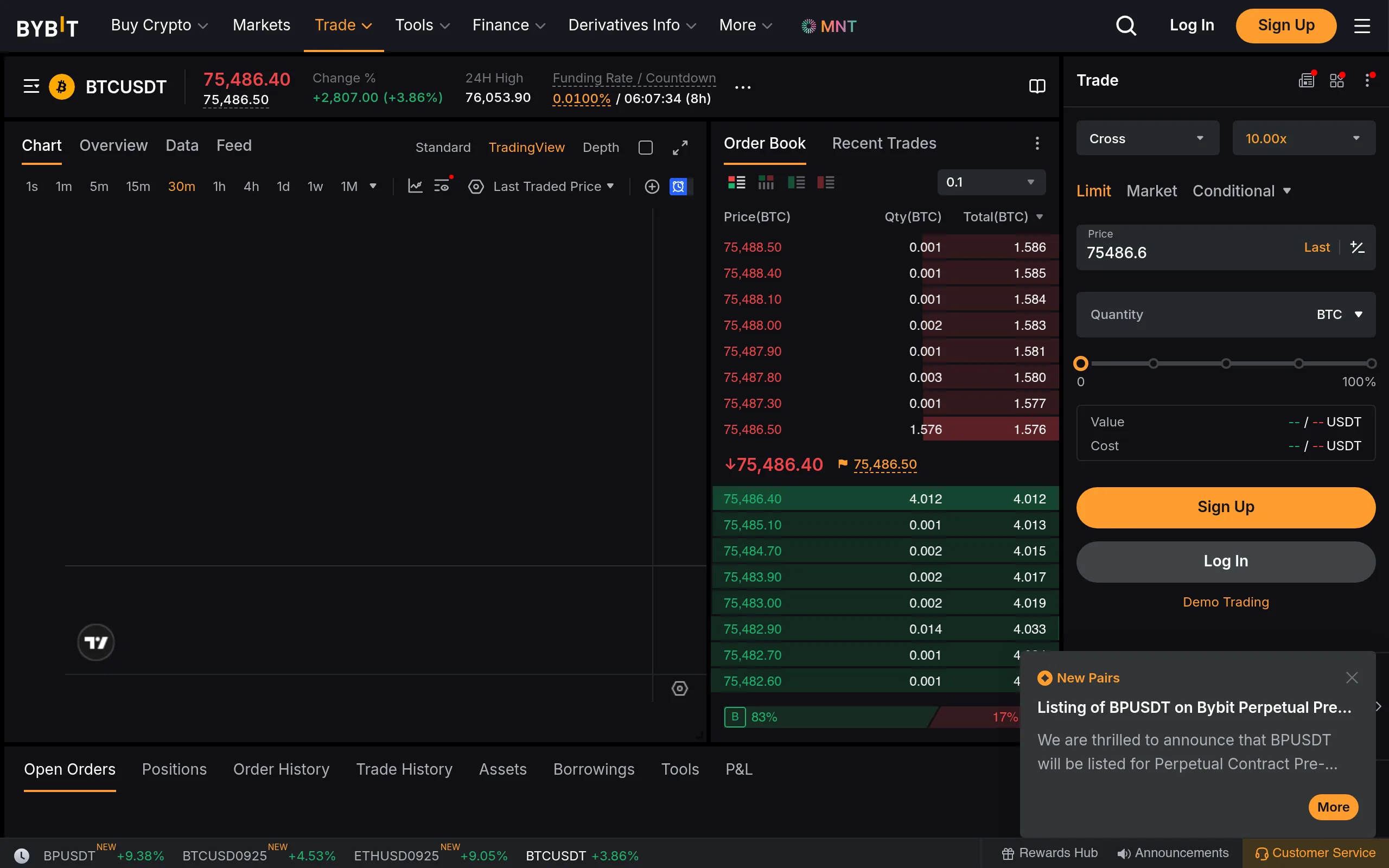 Bybit futures trading interface showing BTC/USDT order book and chart