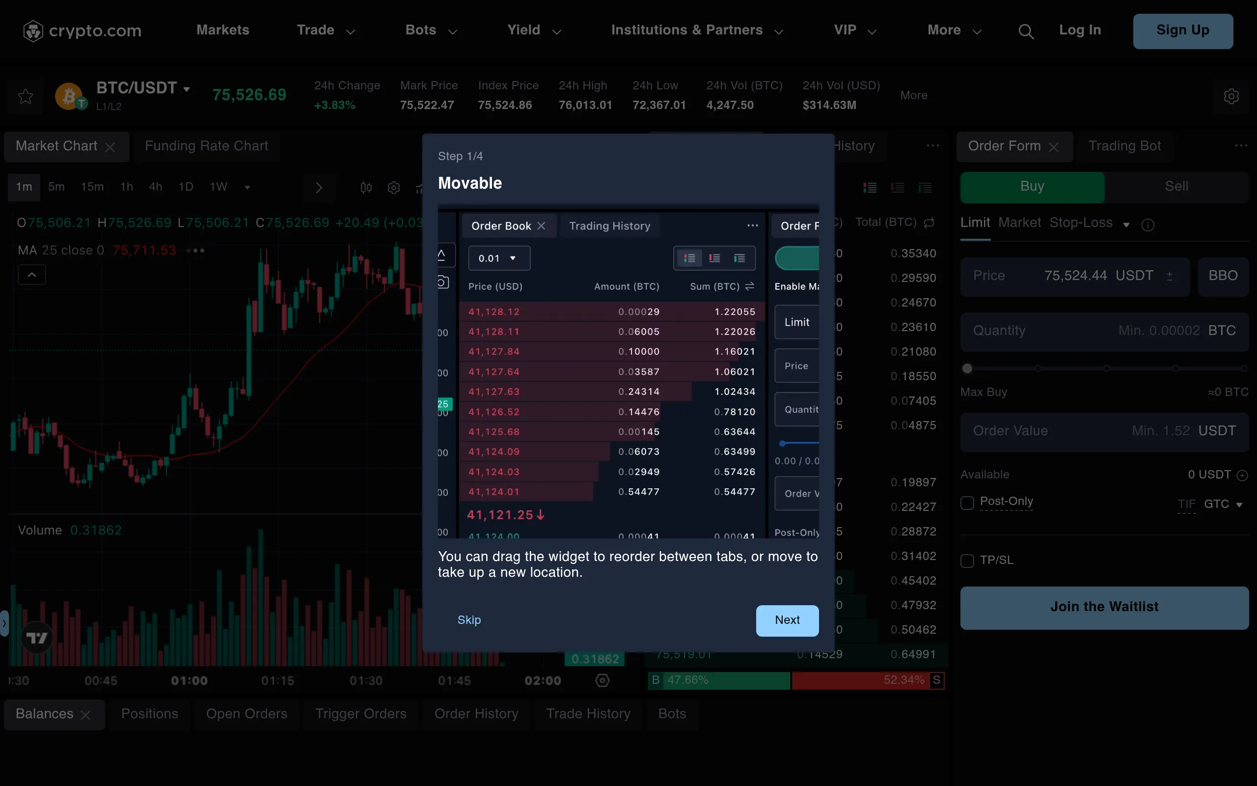 Crypto.com exchange trading interface