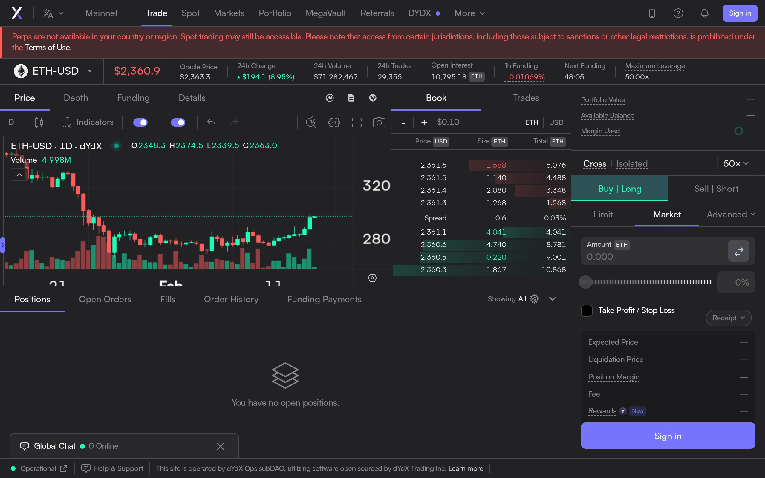dYdX trading interface showing ETH-USD market with order book