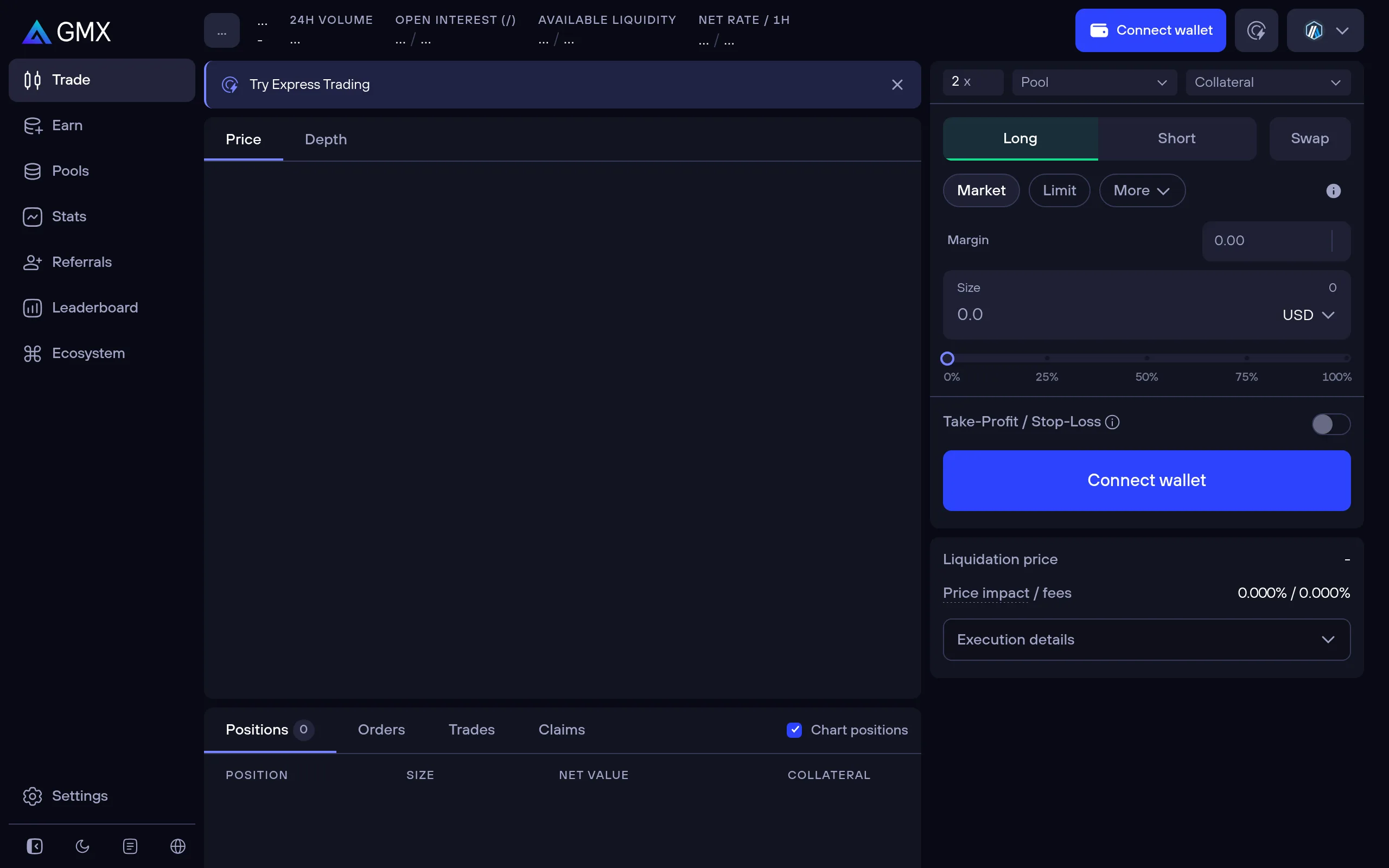 GMX trading panel with swap and perpetual interface