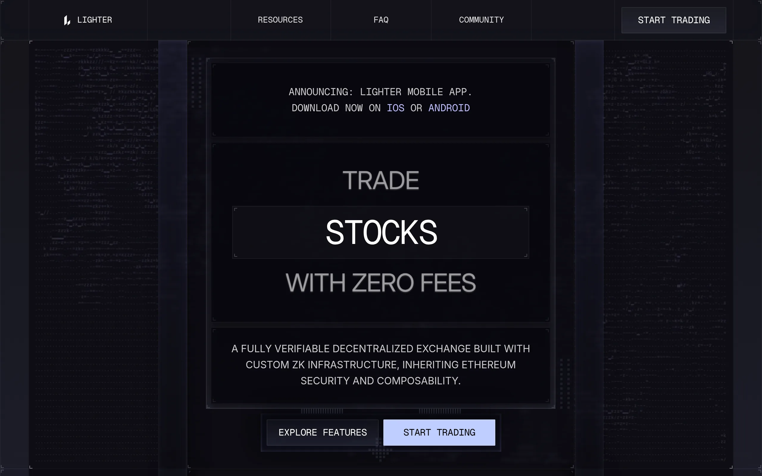Lighter.xyz homepage — Trade crypto with zero fees