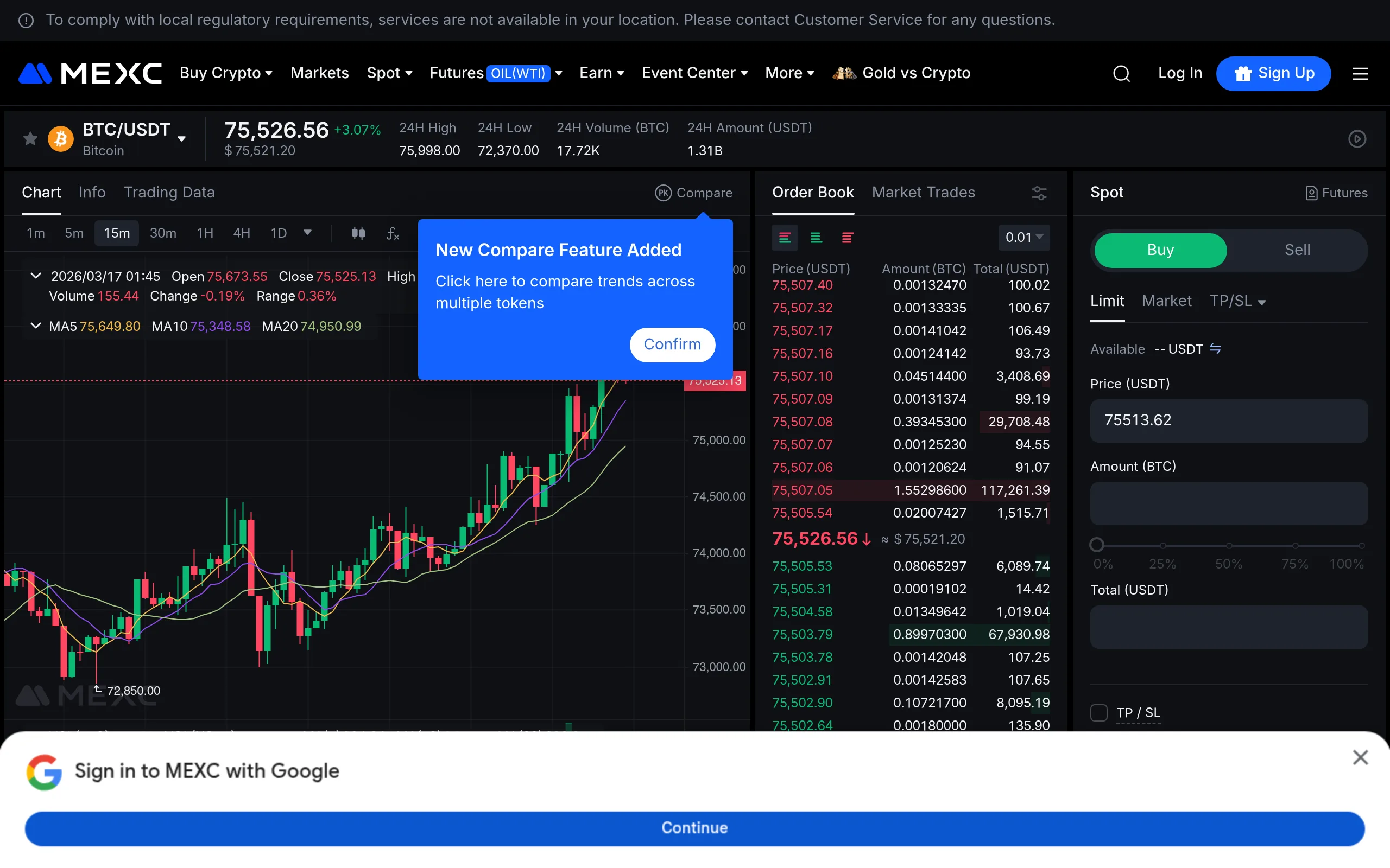 MEXC trading interface showing BTC/USDT with order book and chart