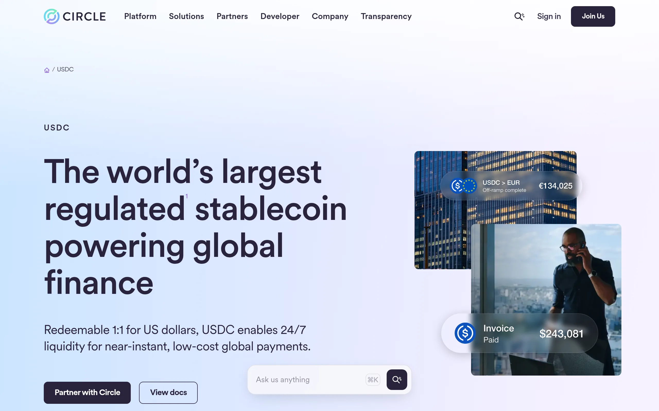 Circle USDC product page describing USDC as the world's largest regulated stablecoin powering global finance