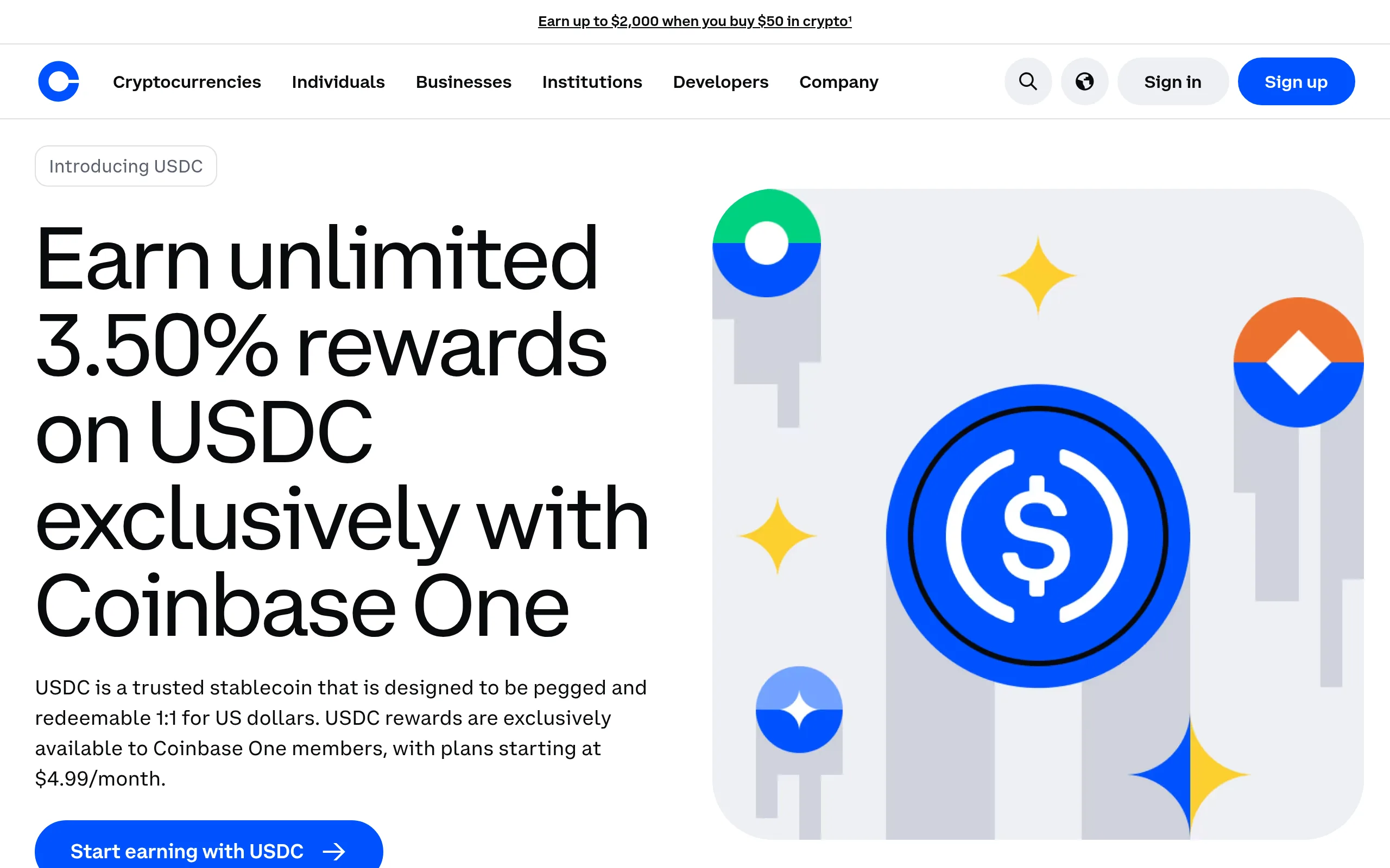 Coinbase USDC product page showing Coinbase One USDC rewards and 1:1 redemption messaging