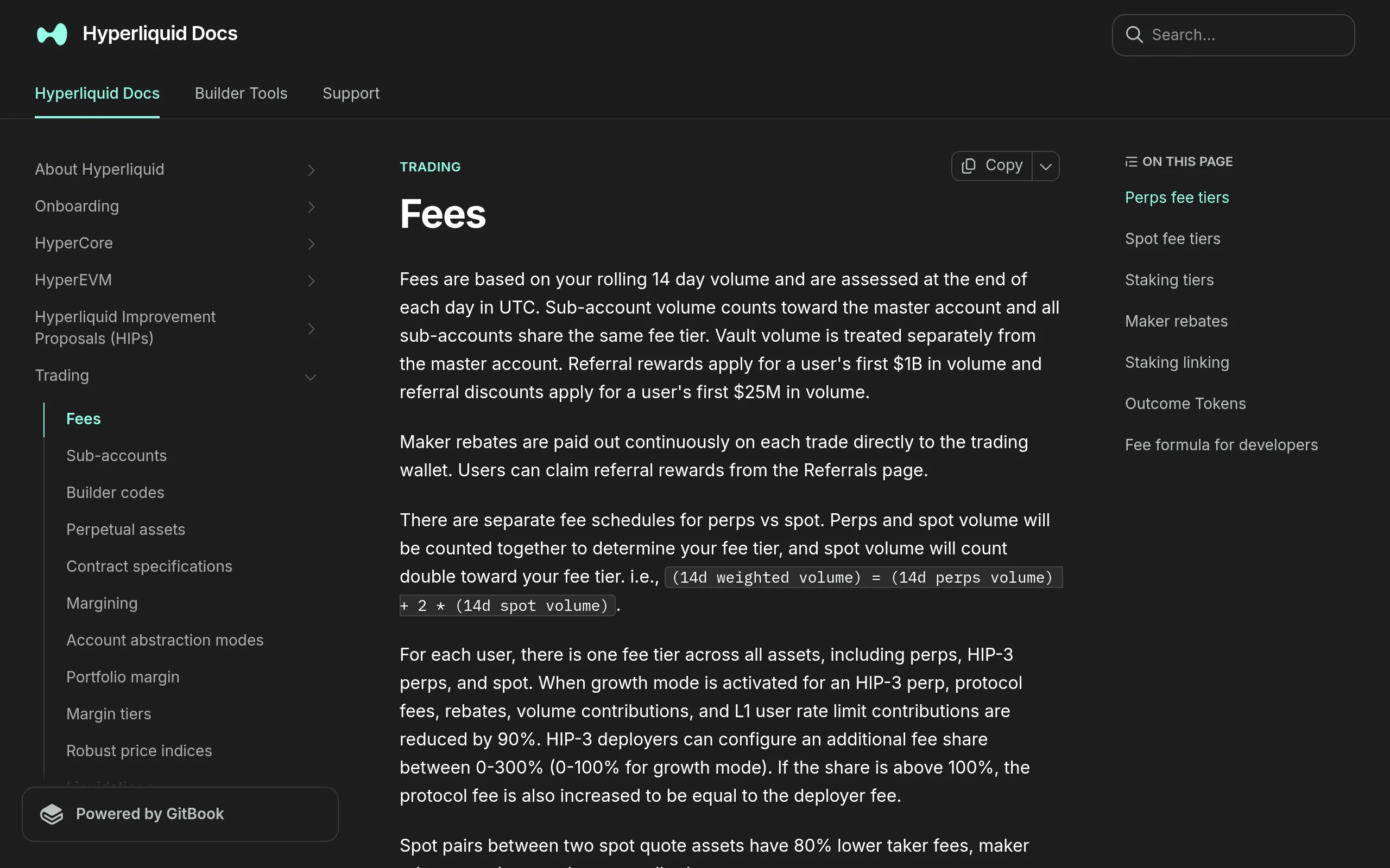 Hyperliquid documentation on fees showing the trading fee tier structure