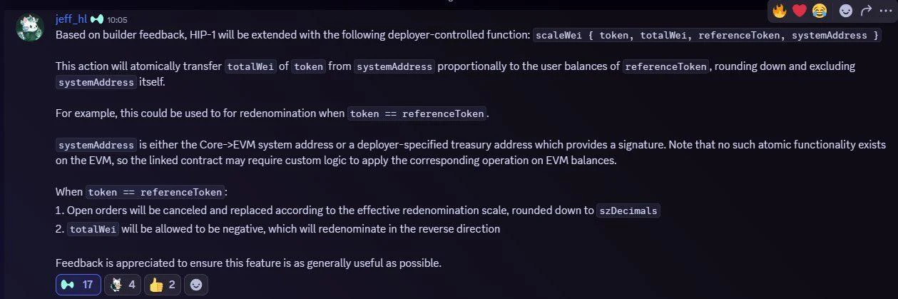 Discord message from jeff_hl announcing that HIP-1 will be extended with a deployer-controlled scaleWei function taking token, totalWei, referenceToken and systemAddress