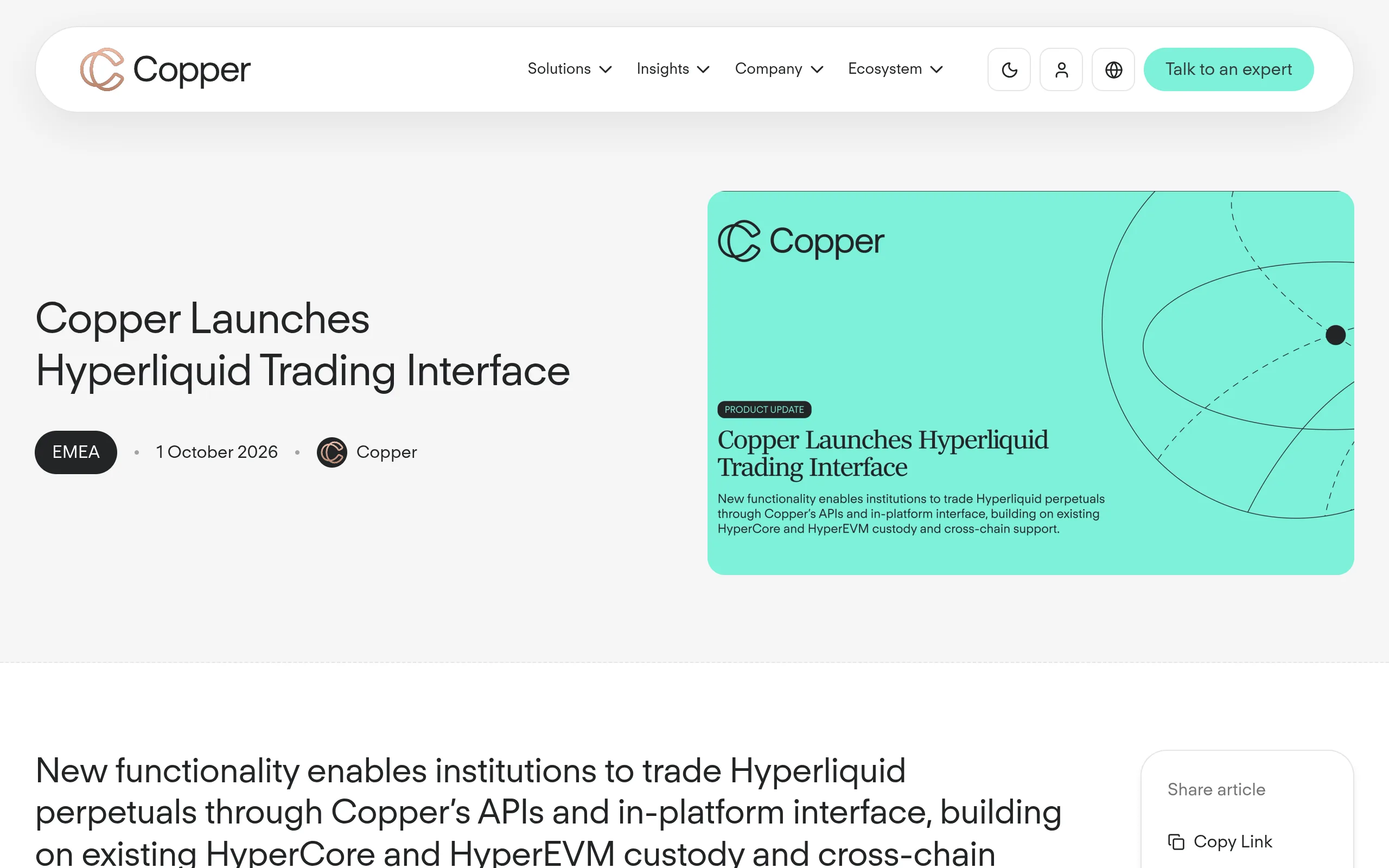 Copper announcement page: Copper Launches Hyperliquid Trading Interface, dated 1 October 2026