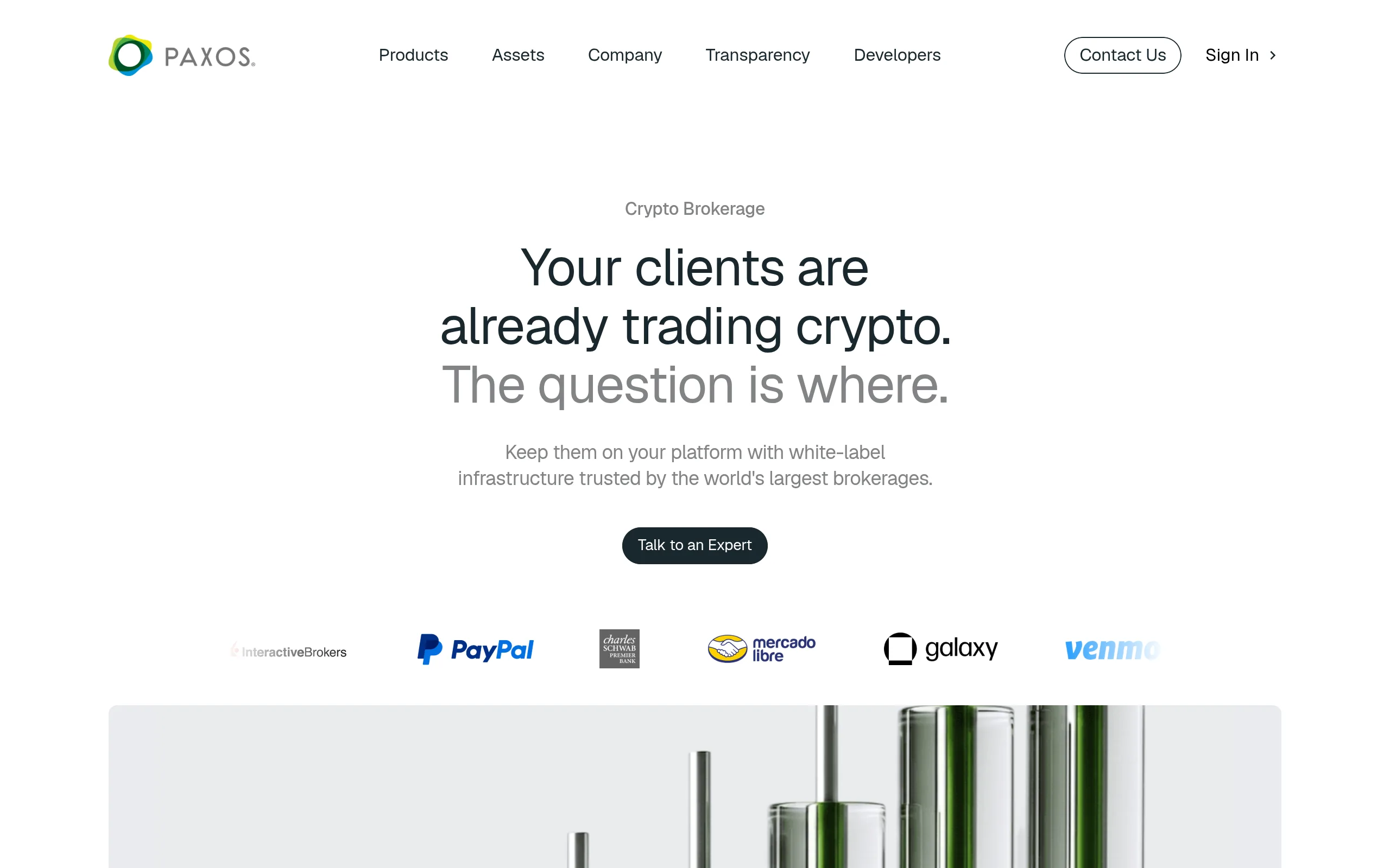 Paxos Crypto Brokerage page describing white-label crypto trading infrastructure for brokerages