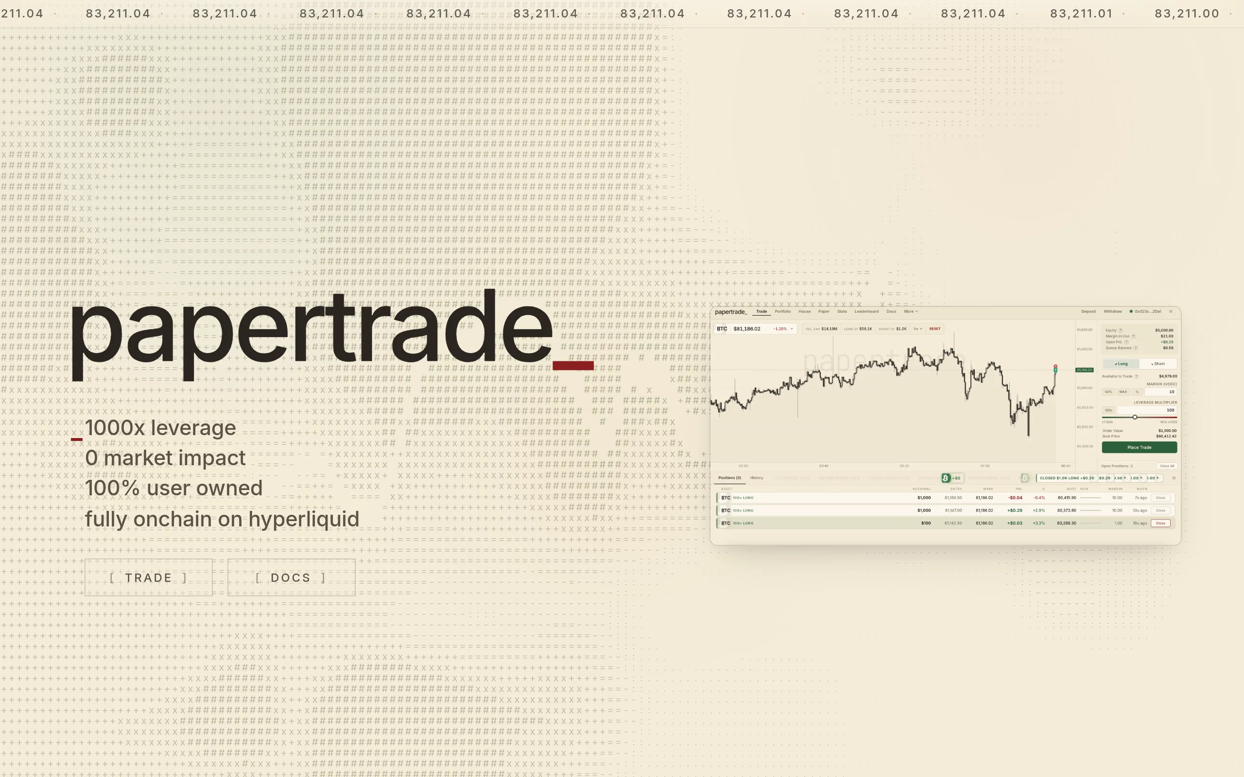 papertrade homepage advertising 1000x leverage, zero market impact and fully onchain trading on Hyperliquid