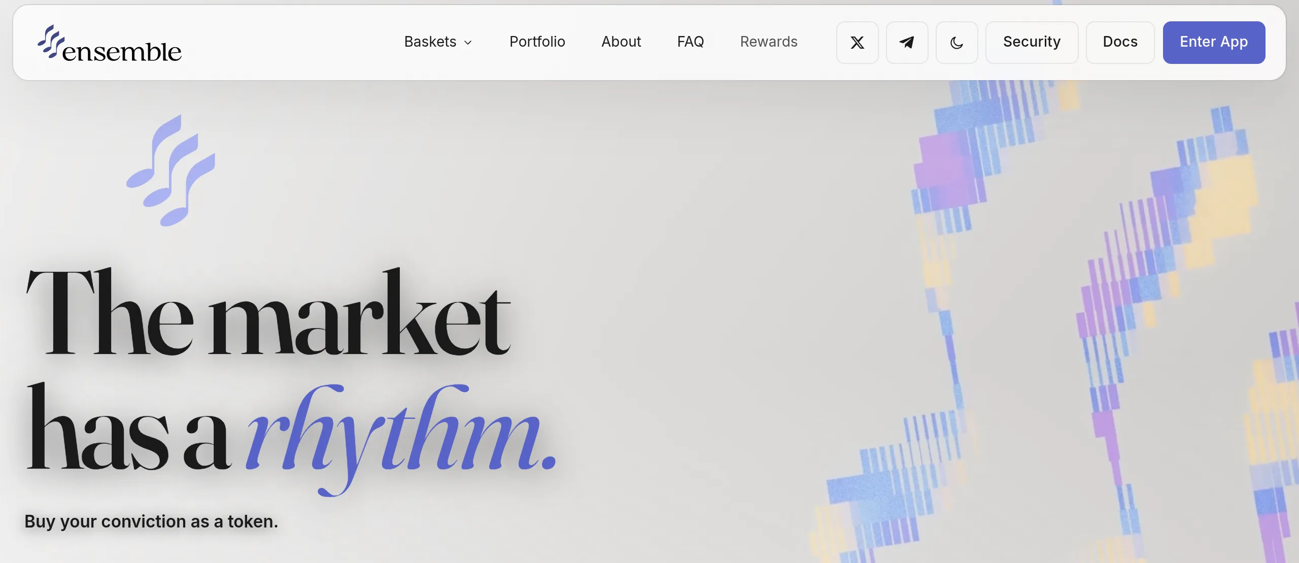 Ensemble homepage with the tagline The market has a rhythm and Buy your conviction as a token