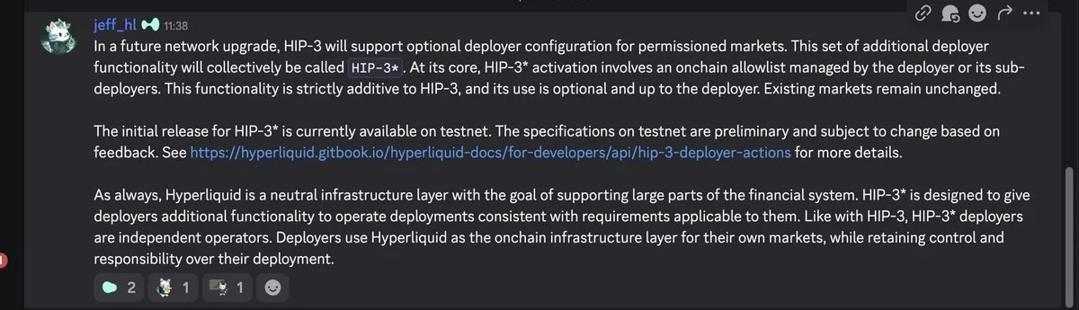 The HIP-3* announcement post from jeff_hl on September 3, 2026, describing optional deployer configuration for permissioned markets