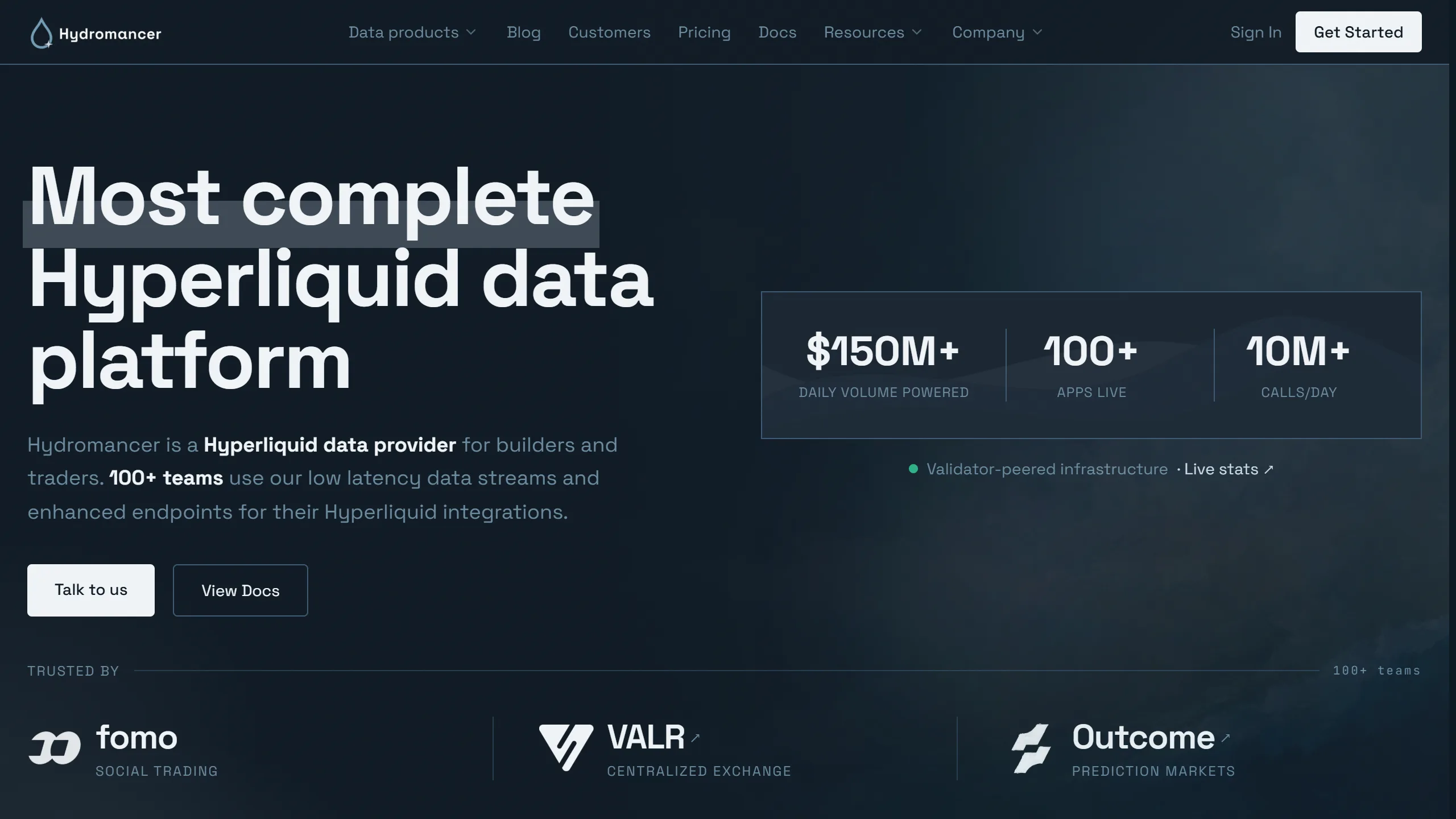Hydromancer homepage describing it as a Hyperliquid data provider used by 100+ teams, with live stats for daily volume powered, apps live and API calls per day