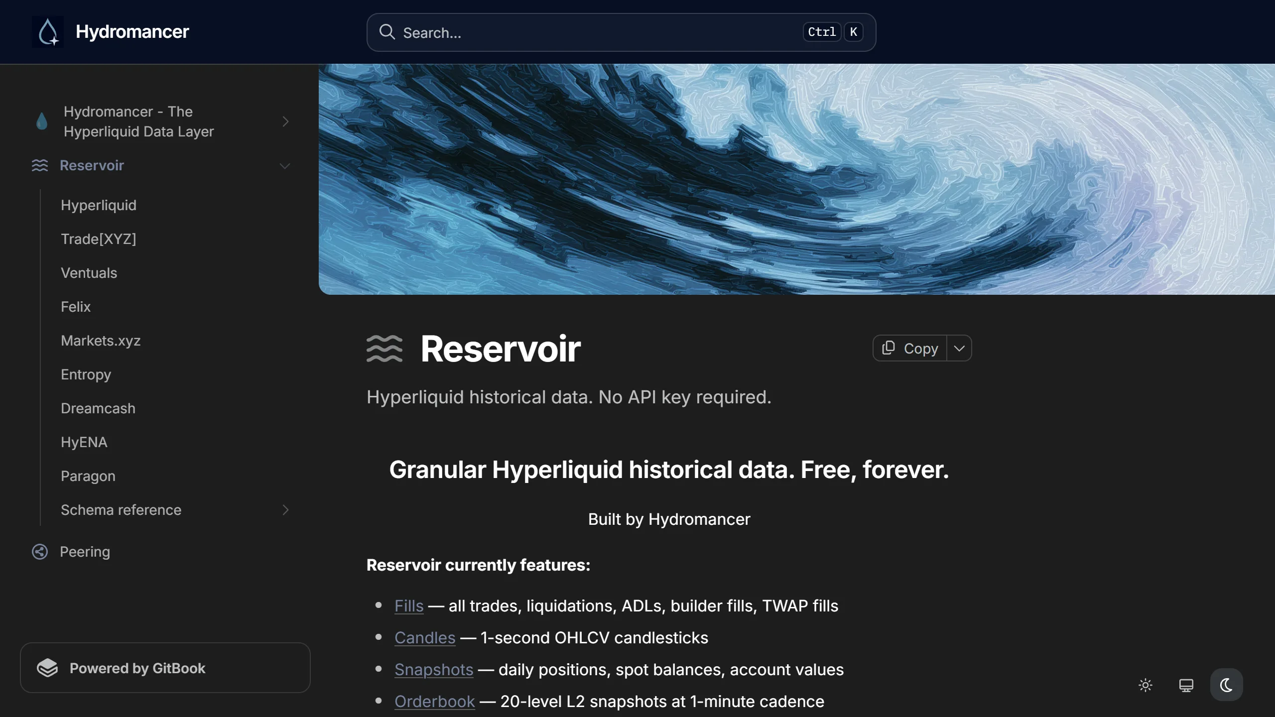 Hydromancer Reservoir documentation listing fills, 1-second candles, daily snapshots and 20-level orderbook data, with HIP-3 venues in the sidebar