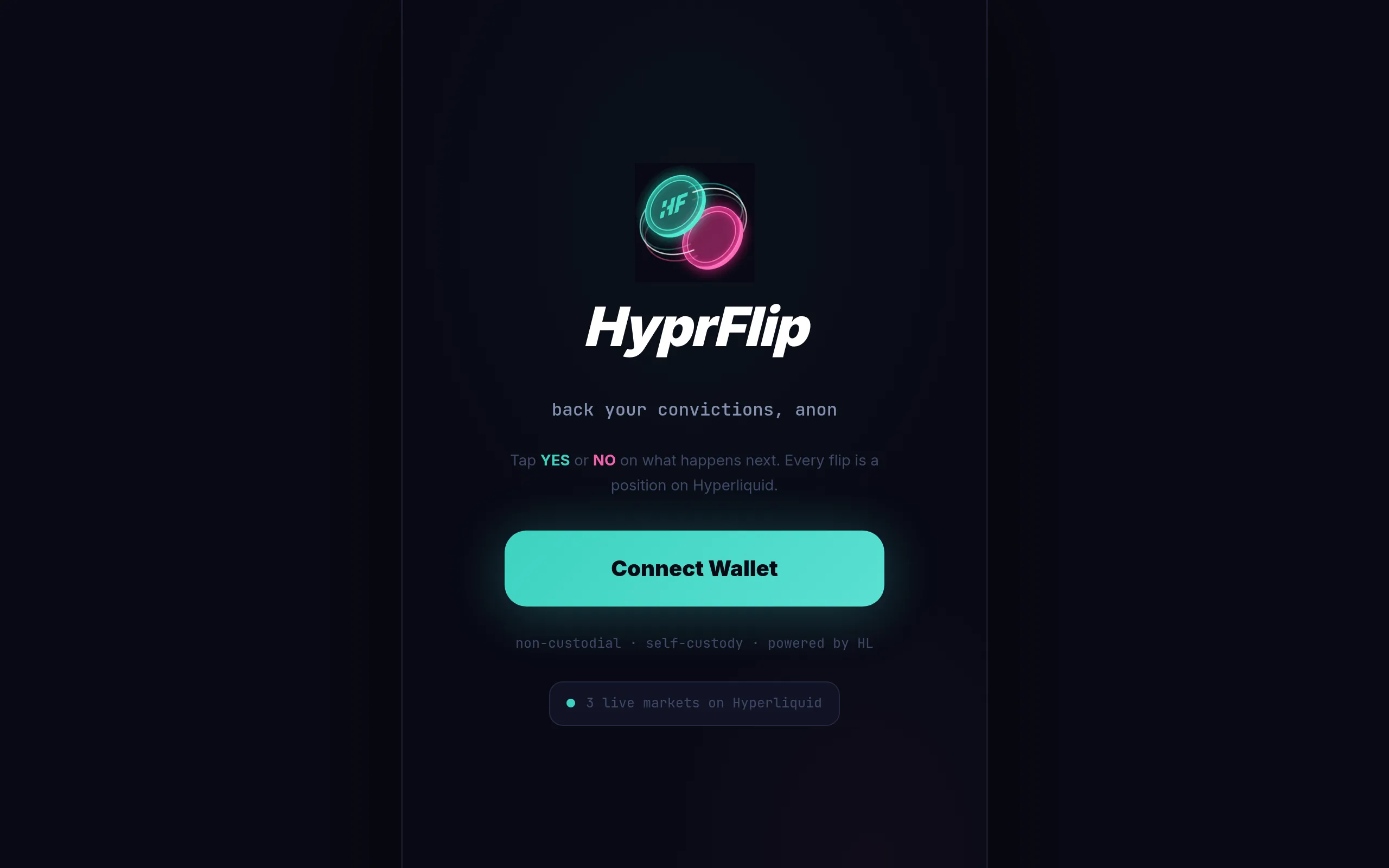 HyprFlip - non-custodial binary outcome markets on Hyperliquid (HF coin logo, 'back your convictions, anon' tagline, Connect Wallet CTA, '3 live markets on Hyperliquid')