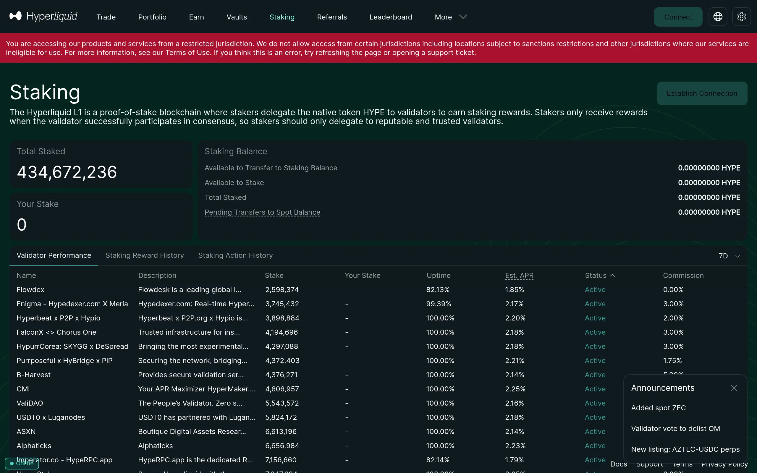 Hyperliquid staking interface showing validator list with commission rates and total staked amounts