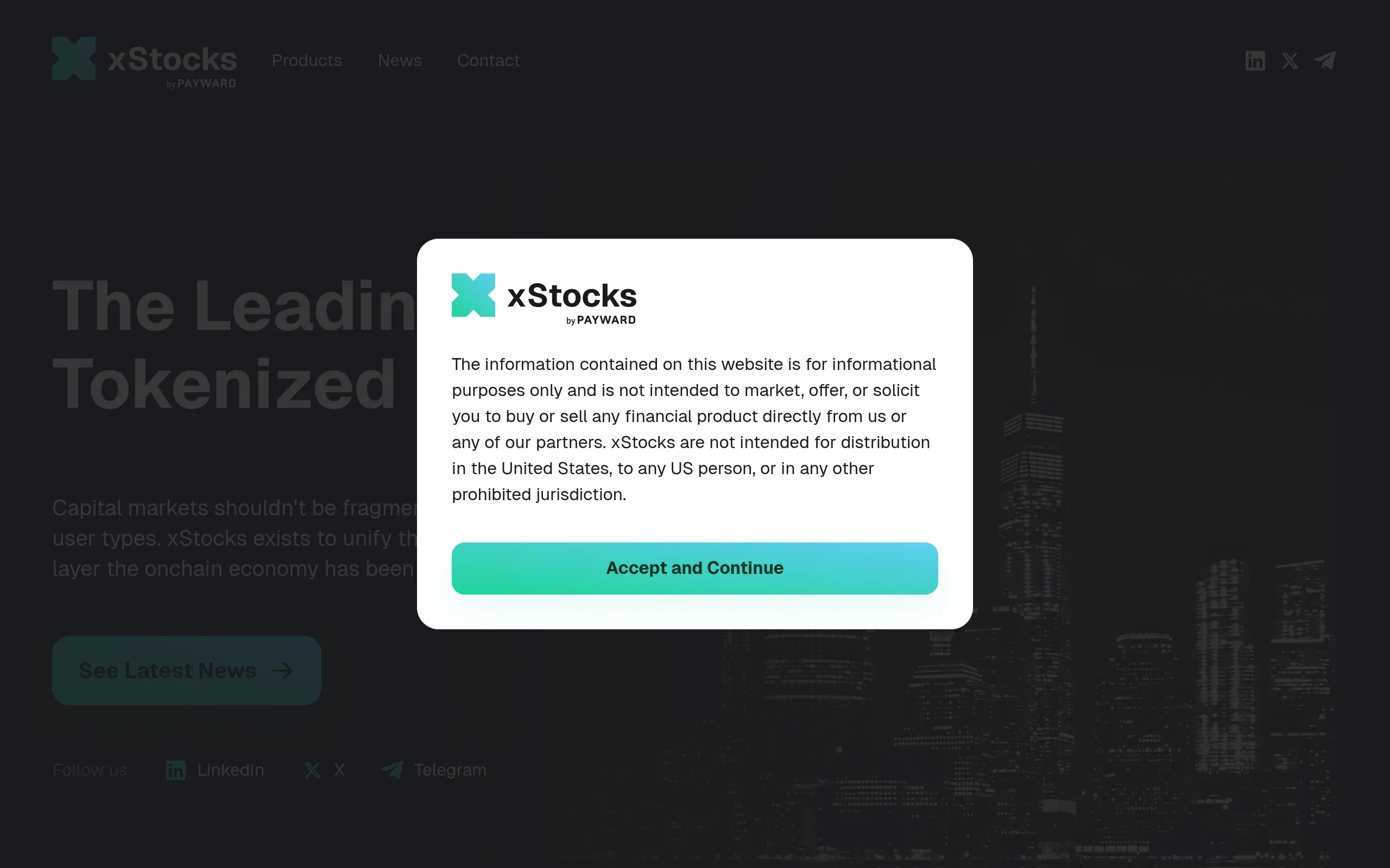 xStocks homepage disclaimer modal stating the product is not intended for distribution in the United States or to any US person