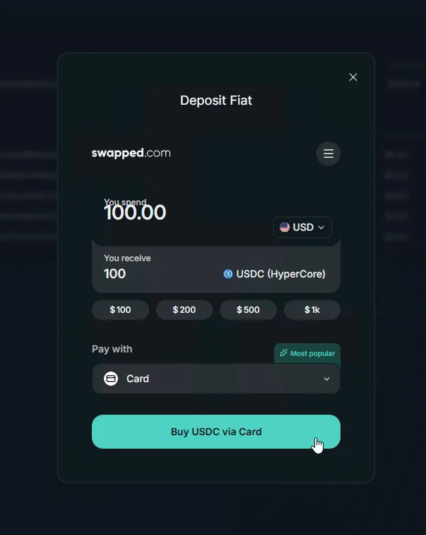 Hyperliquid deposit modal with Fiat option selected