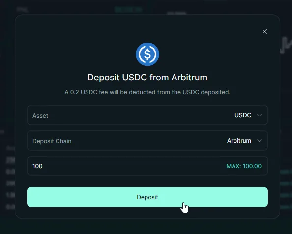 Hyperliquid deposit modal with 100 USDC entered and the Deposit confirm button