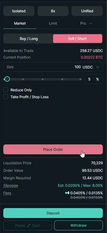 Hyperliquid order entry panel set to Isolated margin with a short BTC market order, showing order value, margin required, and the liquidation price before placing the order