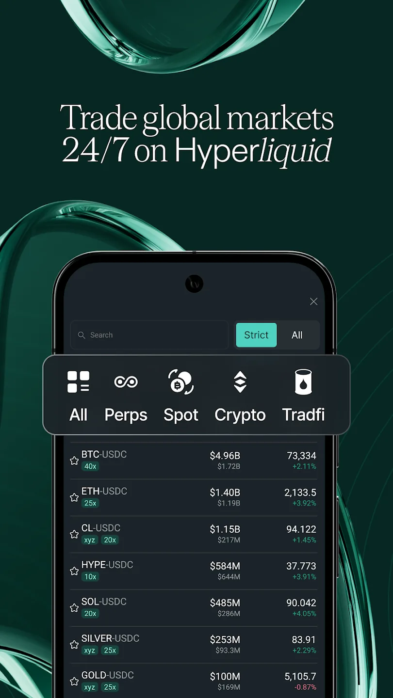 Hyperliquid Android app — trade global markets 24/7 with perps, spot, crypto, and tradfi