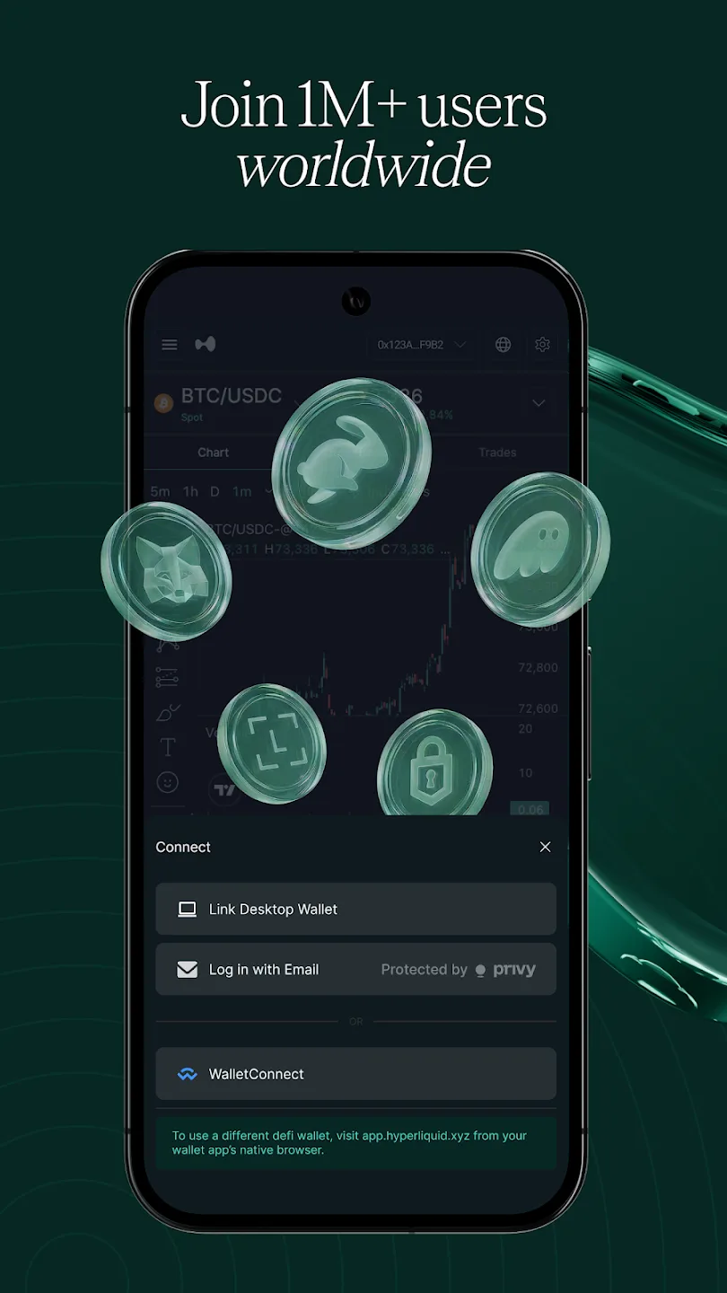 Hyperliquid Android app — wallet connection options including desktop link, email, and WalletConnect
