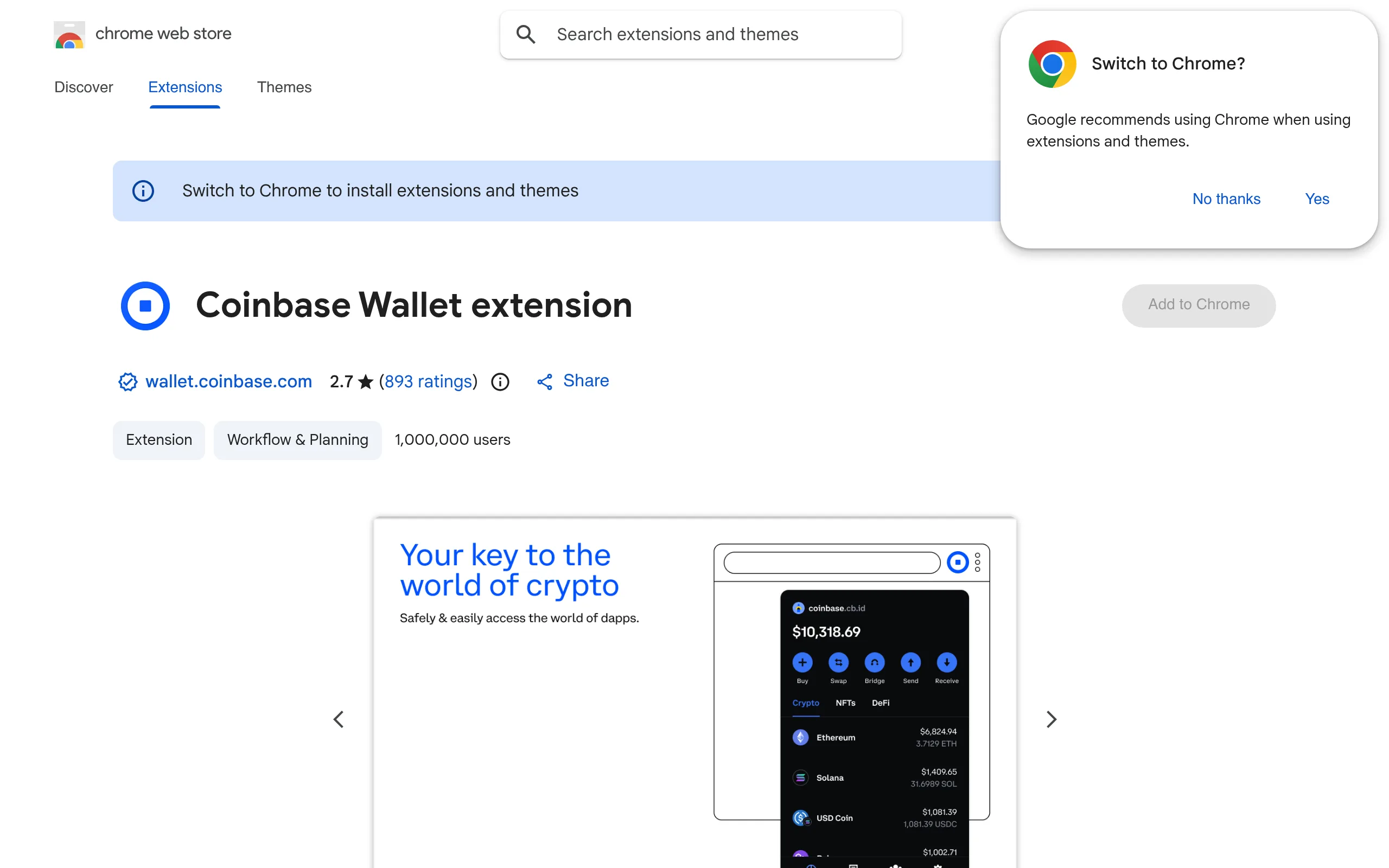 Coinbase Wallet browser extension setup page showing the Create New Wallet option