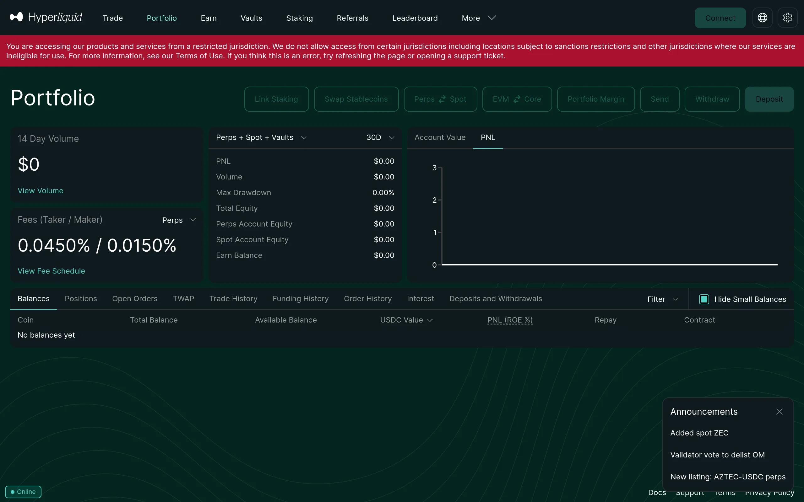 Hyperliquid interface with deposit button highlighted