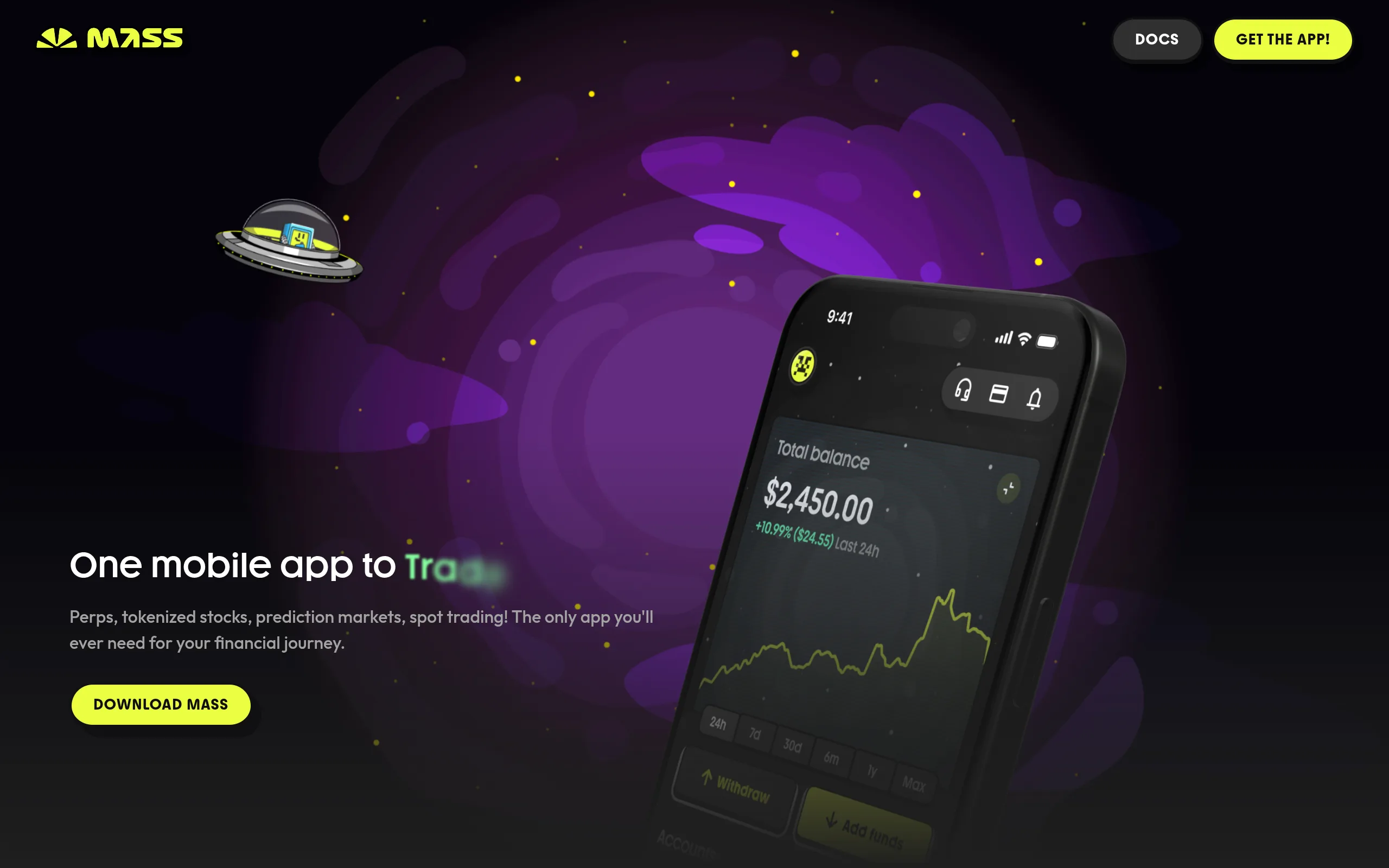 Mass App homepage showing the mobile trading interface with total balance, portfolio chart, and withdraw and add funds controls
