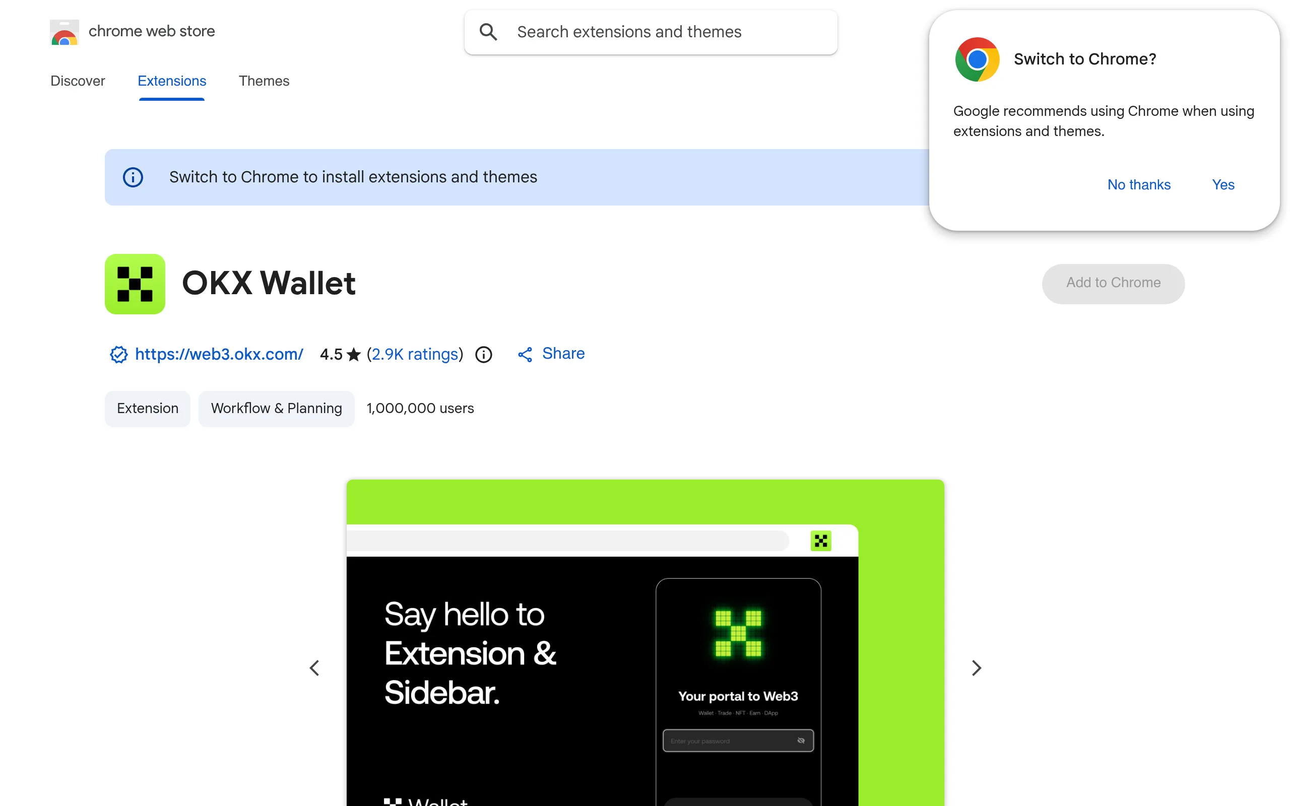 OKX Wallet browser extension setup screen with Create/Import options