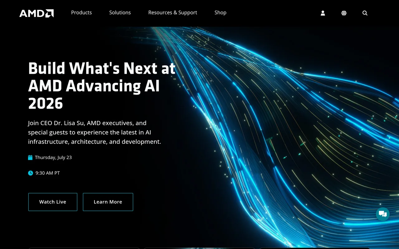 Advanced Micro Devices (AMD) official company website — the underlying asset behind the AMD HIP-3 perpetual on Hyperliquid