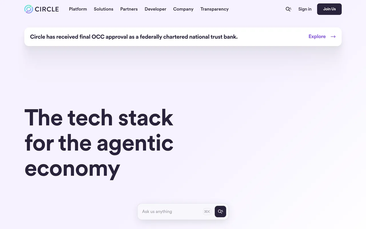 Circle (USDC) (CRCL) official company website — the underlying asset behind the CRCL HIP-3 perpetual on Hyperliquid