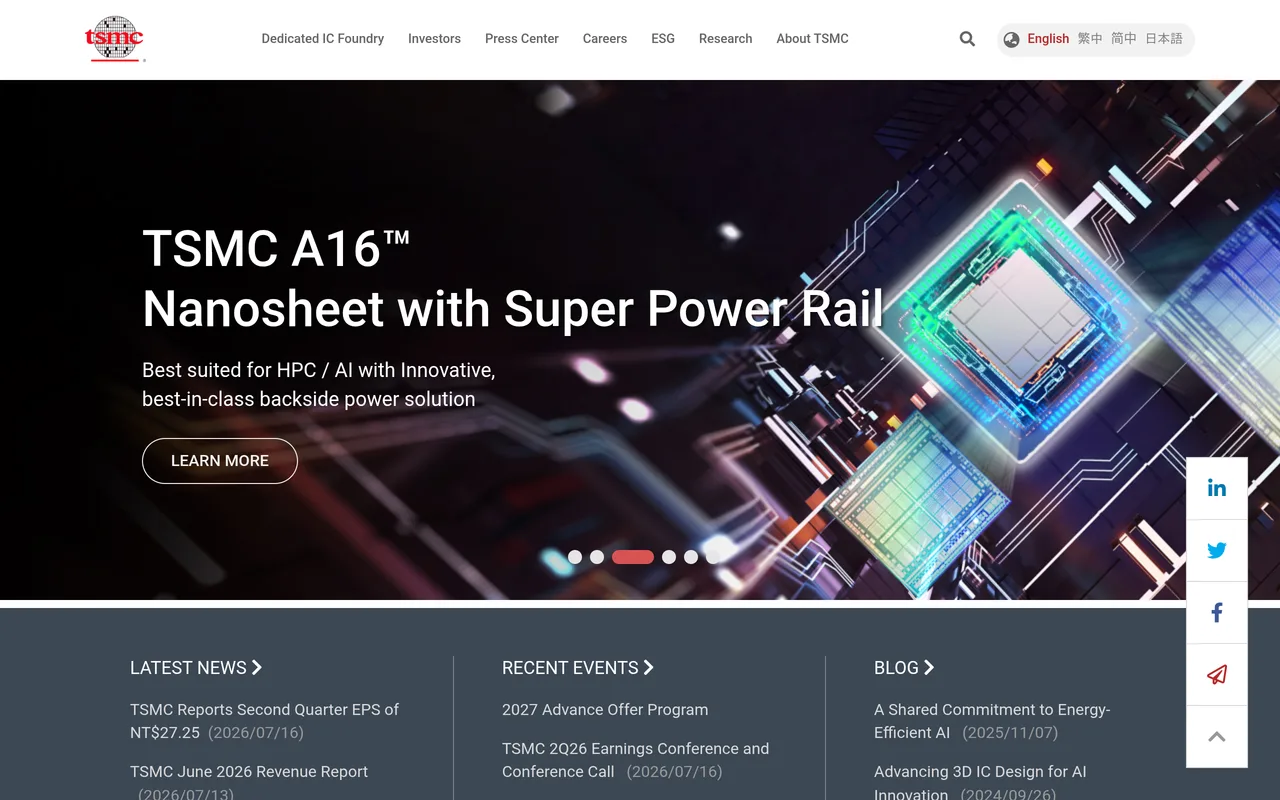 Taiwan Semiconductor (TSM) official company website — the underlying asset behind the TSM HIP-3 perpetual on Hyperliquid