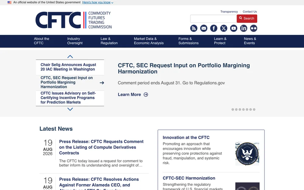 The CFTC homepage on August 19, 2026, showing the announcement of Chair Selig's Innovation Advisory Committee meeting