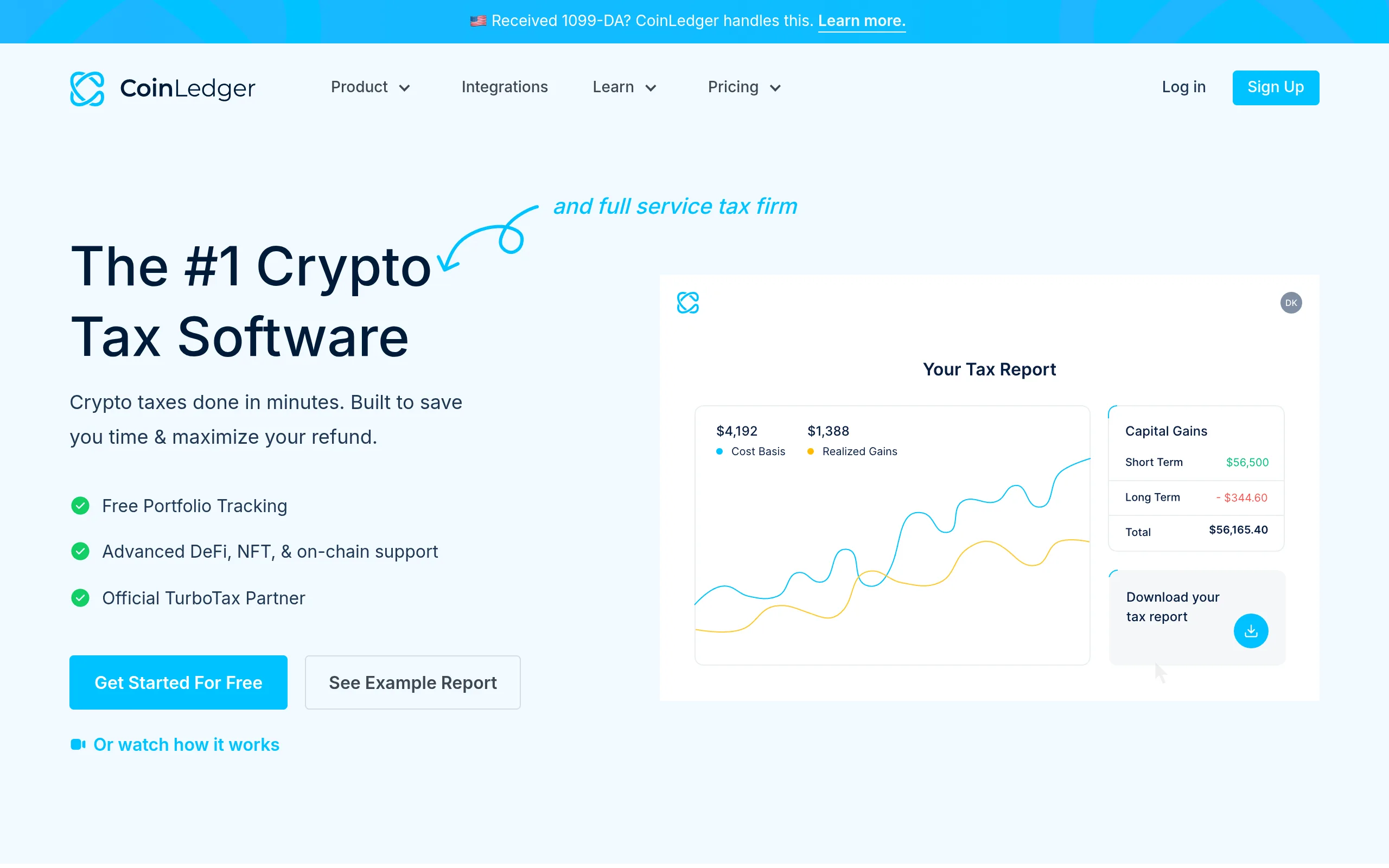CoinLedger homepage showing tax report generation and TurboTax partnership