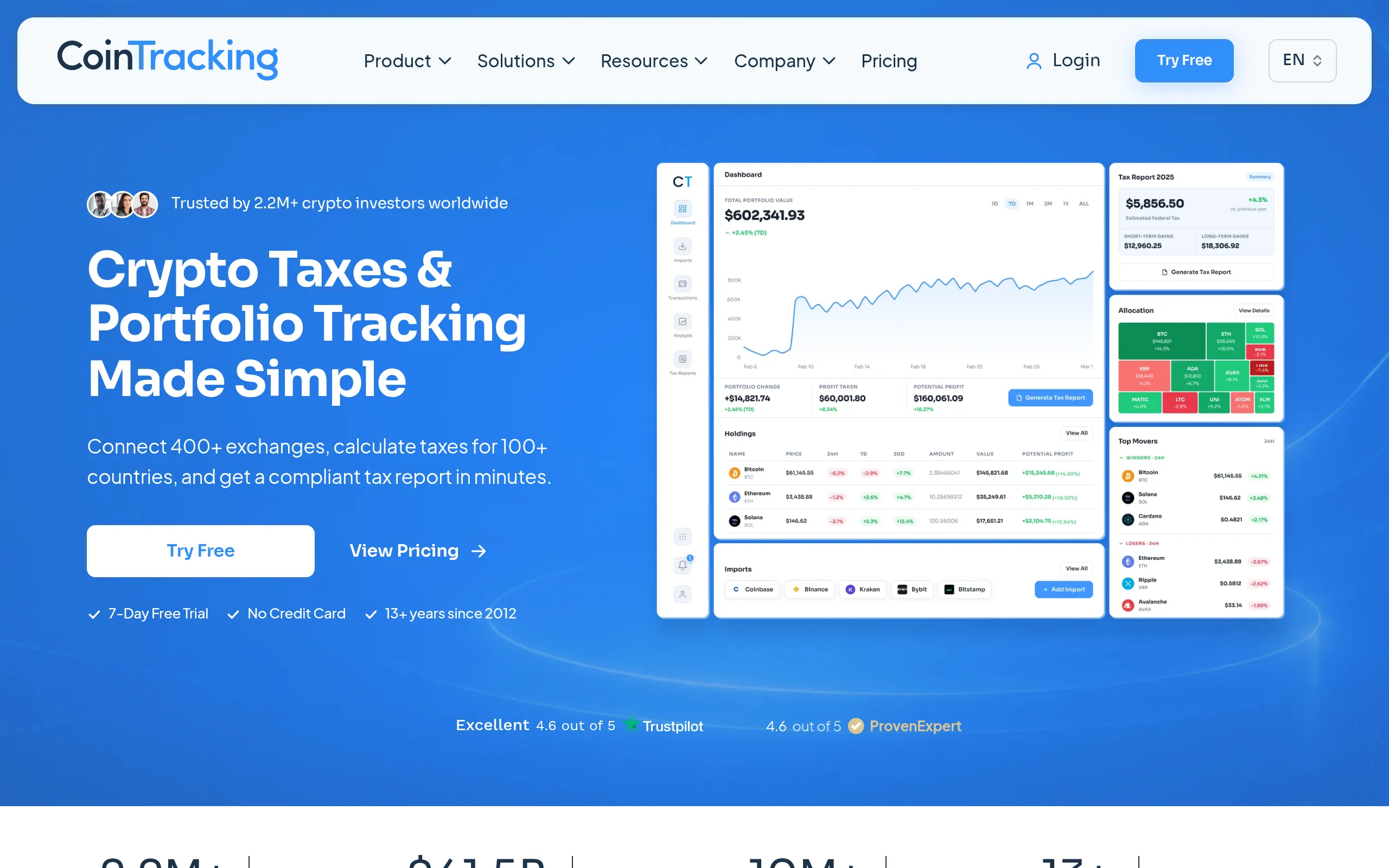 CoinTracking homepage showing portfolio dashboard and tax report generation
