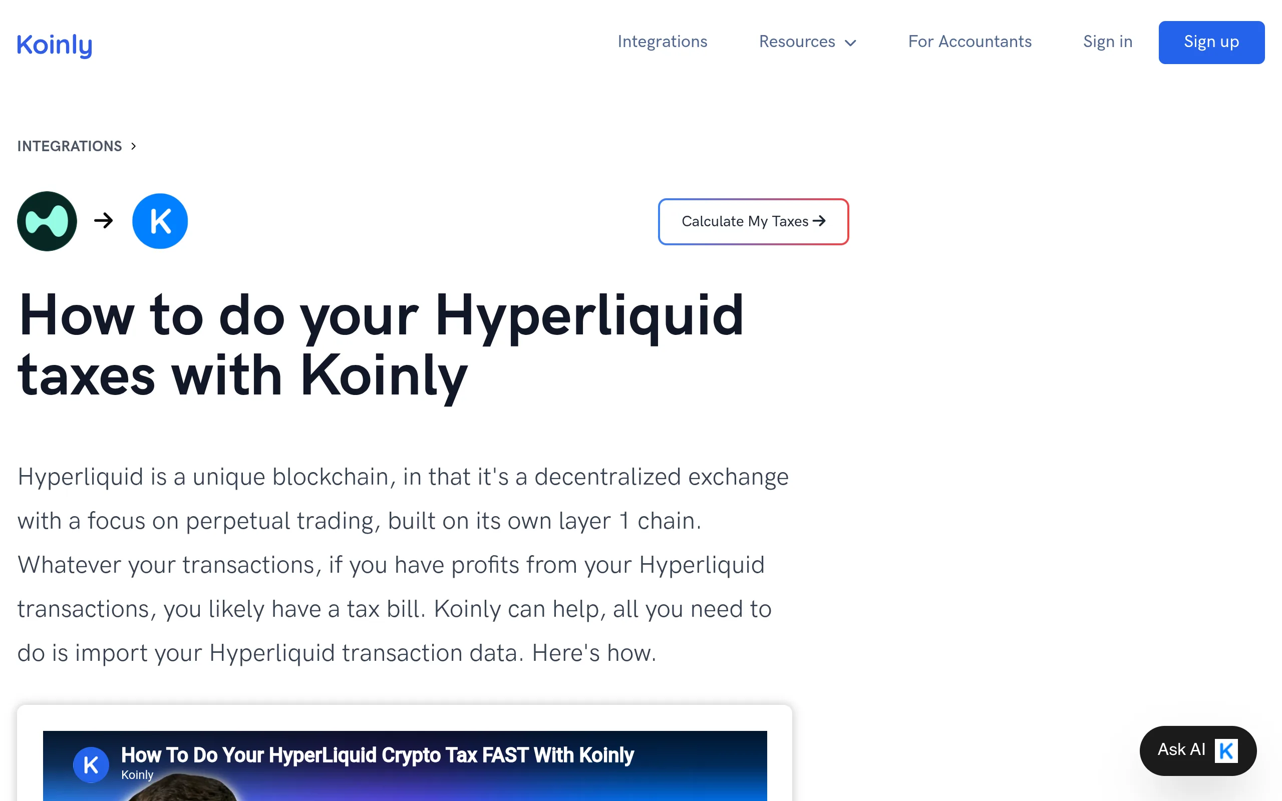 Koinly's Hyperliquid integration page describing direct wallet import of trades and funding
