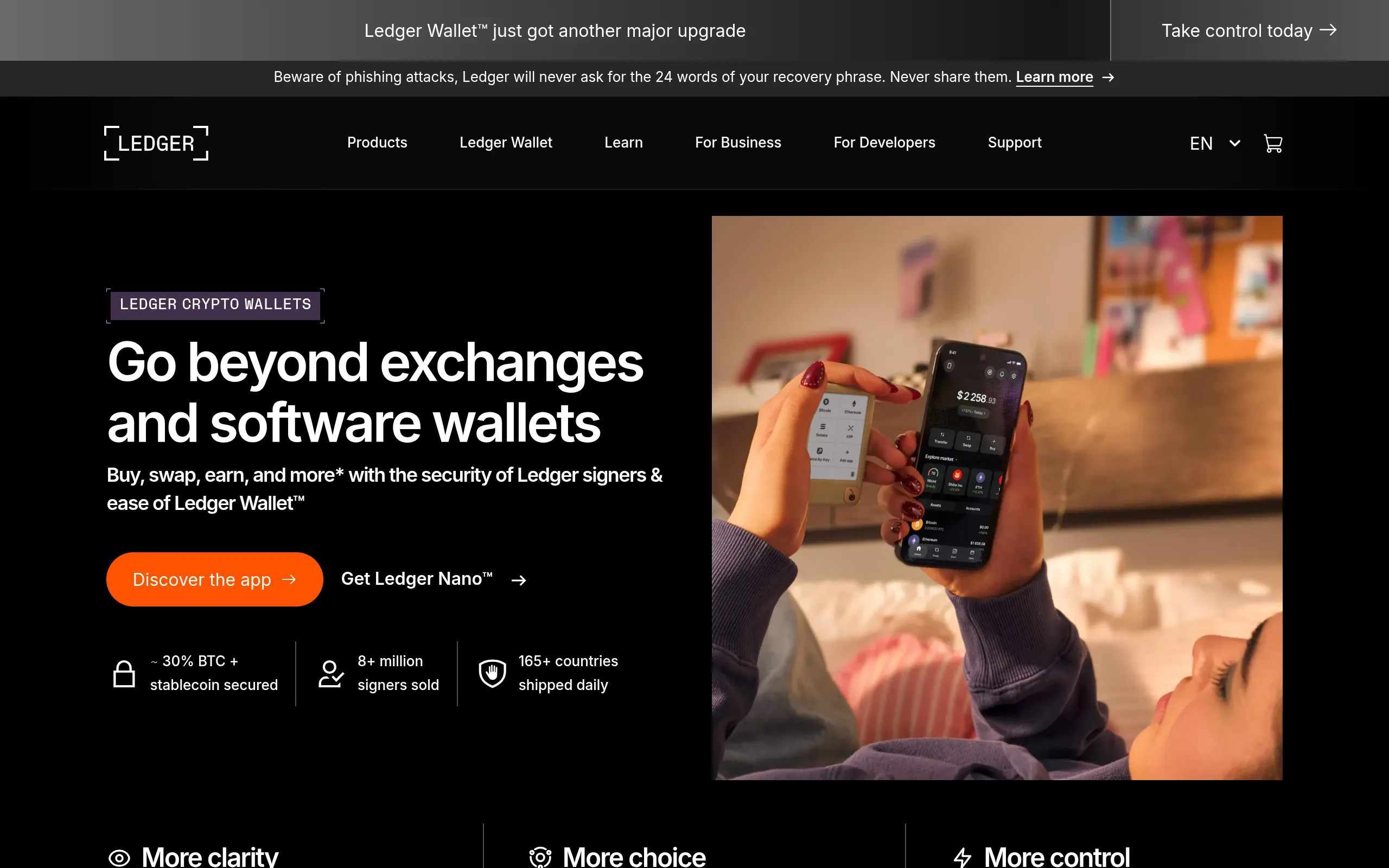 Ledger's product page showing the hardware wallet range and Ledger Wallet app
