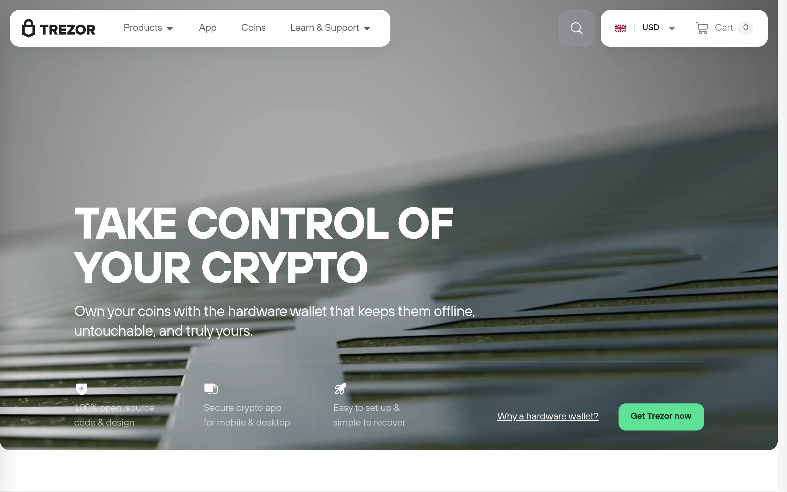 Trezor homepage highlighting open-source hardware wallet design