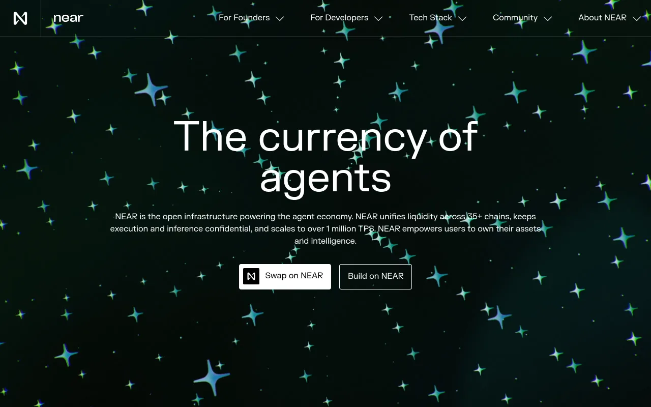 NEAR Protocol homepage with the headline The currency of agents and buttons to swap on NEAR or build on NEAR