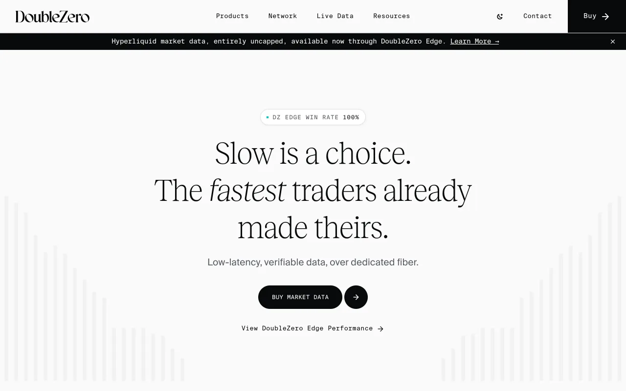 DoubleZero homepage with a banner announcing uncapped Hyperliquid market data through DoubleZero Edge