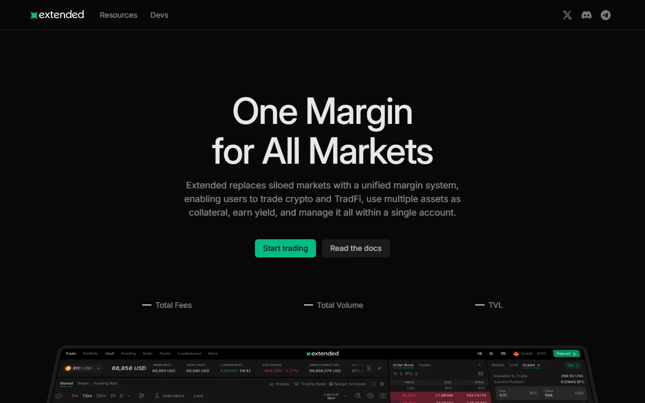 Extended exchange homepage with the headline One Margin for All Markets and a preview of its trading screen