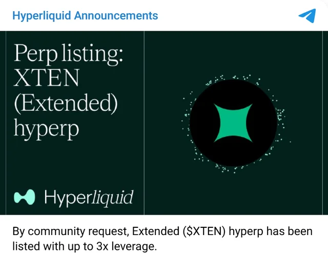 Hyperliquid Announcements Telegram post of October 27, 2026: Perp listing, XTEN (Extended) hyperp, listed by community request with up to 3x leverage