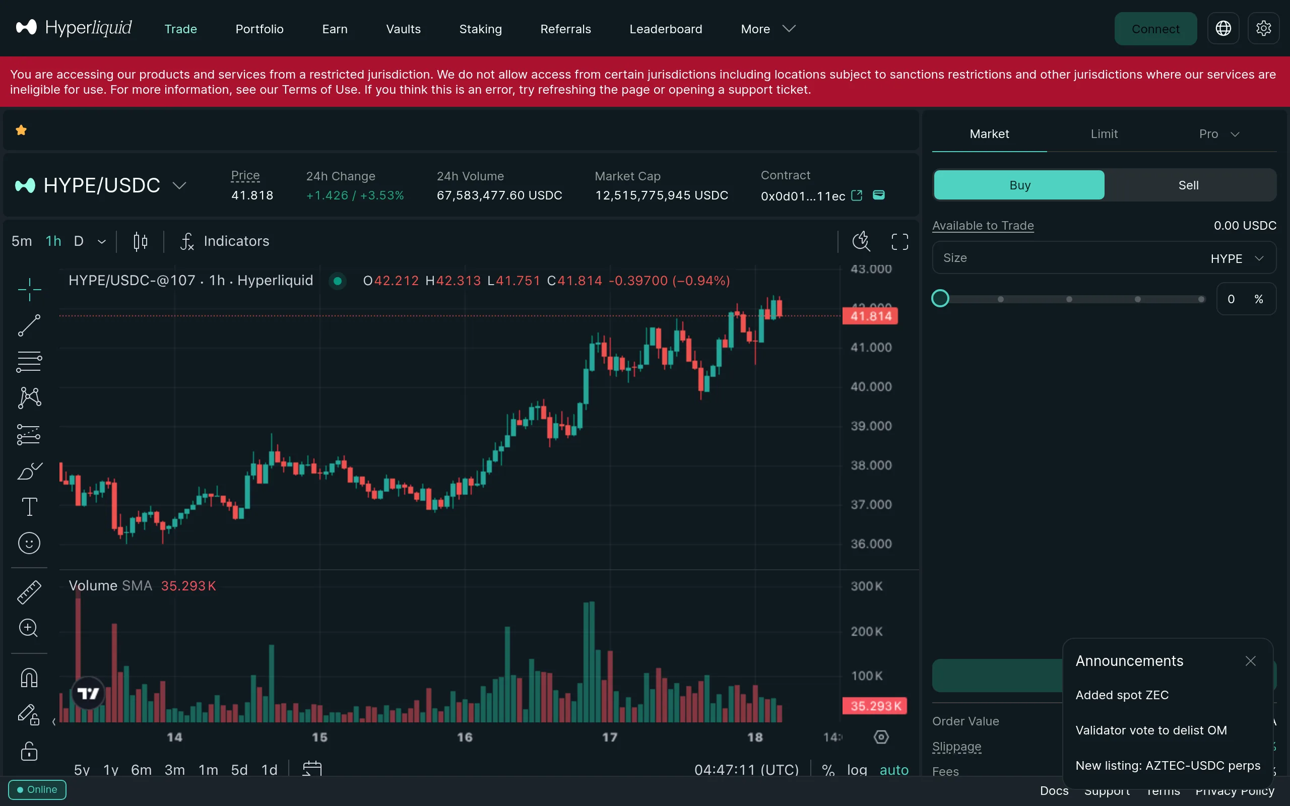 Hyperliquid interface showing the Spot tab selected with a list of available HIP-1 token pairs