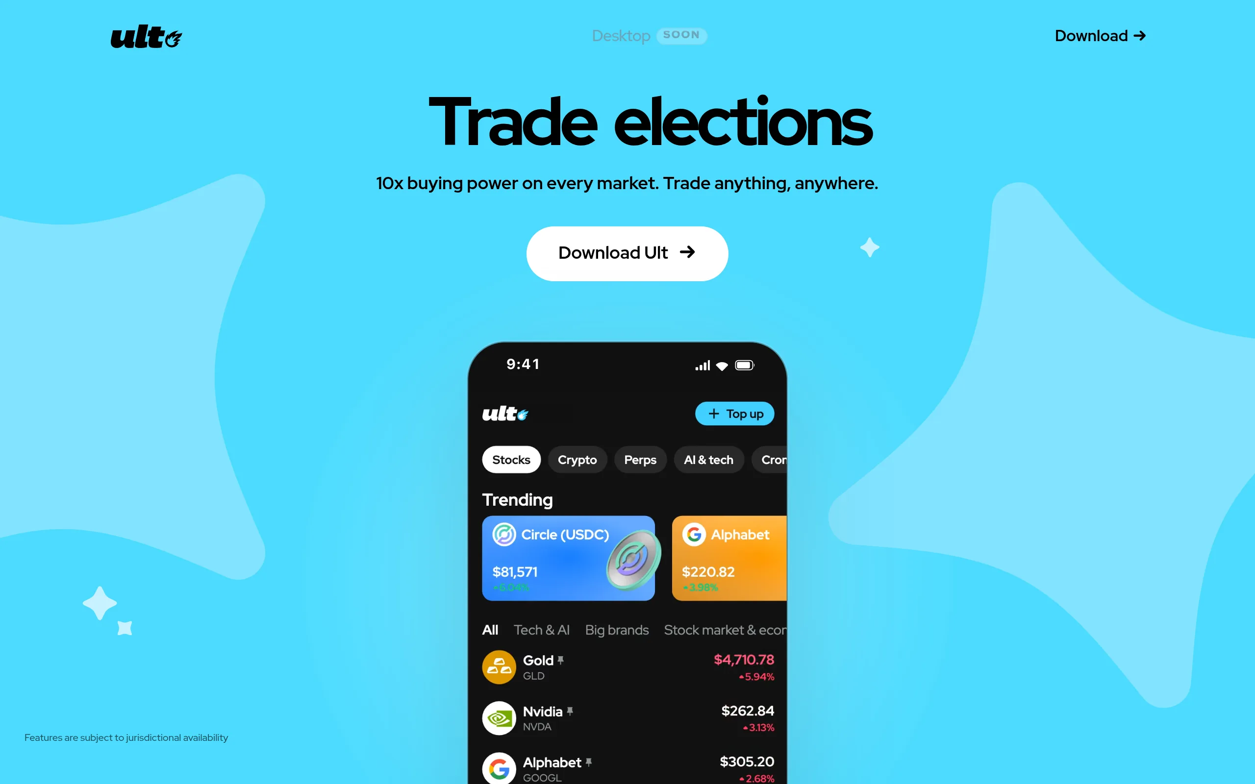 Ult app homepage advertising stocks, crypto, perps and prediction markets in one app