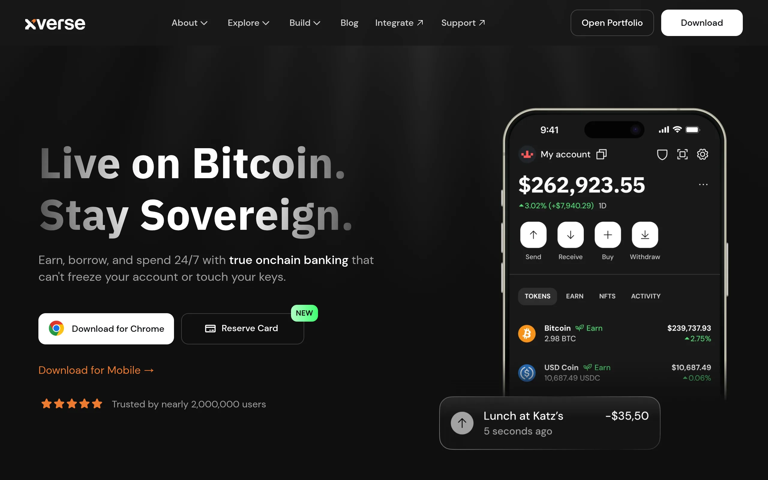 Xverse homepage describing a self-custody Bitcoin wallet with earn, borrow and spend features
