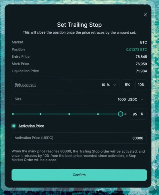 Hyperliquid Set Trailing Stop dialog showing a BTC position with 10% retracement, 1000 USDC size and an 80,000 activation price