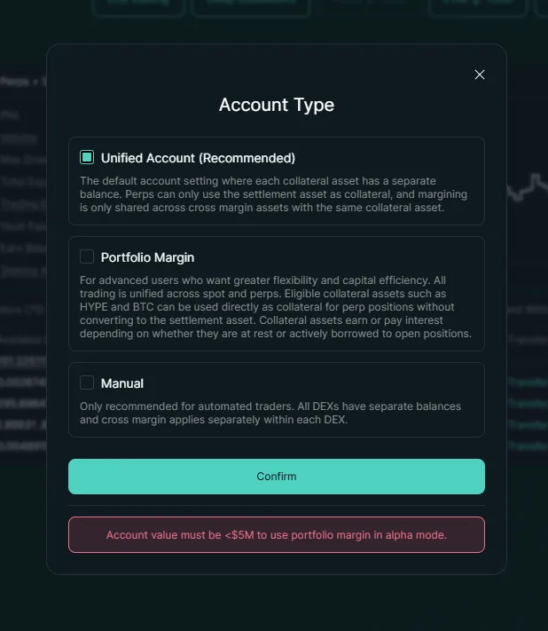 Hyperliquid Account Type modal showing the three options: Unified Account (recommended), Portfolio Margin, and Manual